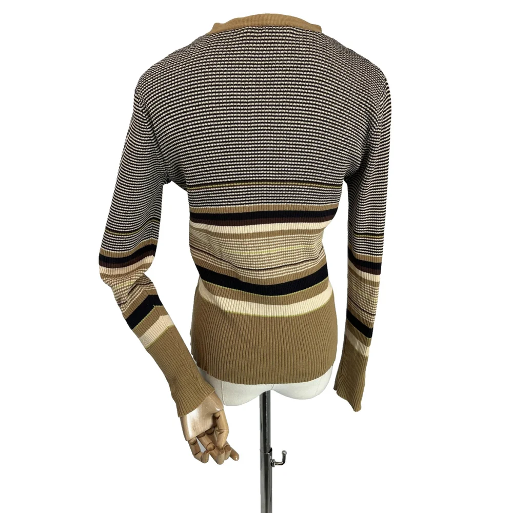 Y2k J. Crew Cardigan Sweater Medium Brown V‎ Neck Button Striped Office Siren